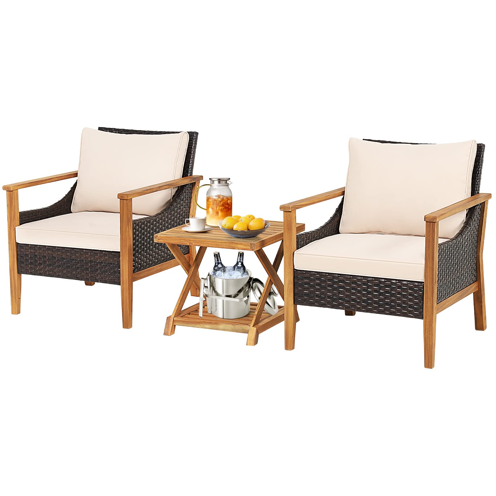 Tangkula Salon de Bistro 3 pièces en rotin PE, Ensemble de conversation extérieur en bois d'acacia avec coussins et table basse à 2 niveaux